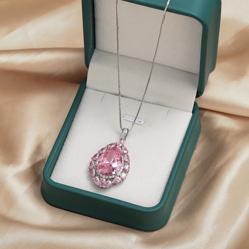 Luxury Female Crystal Big Pink Water Drop Pendant Necklace Cute Large Wedding Jewelry for Women