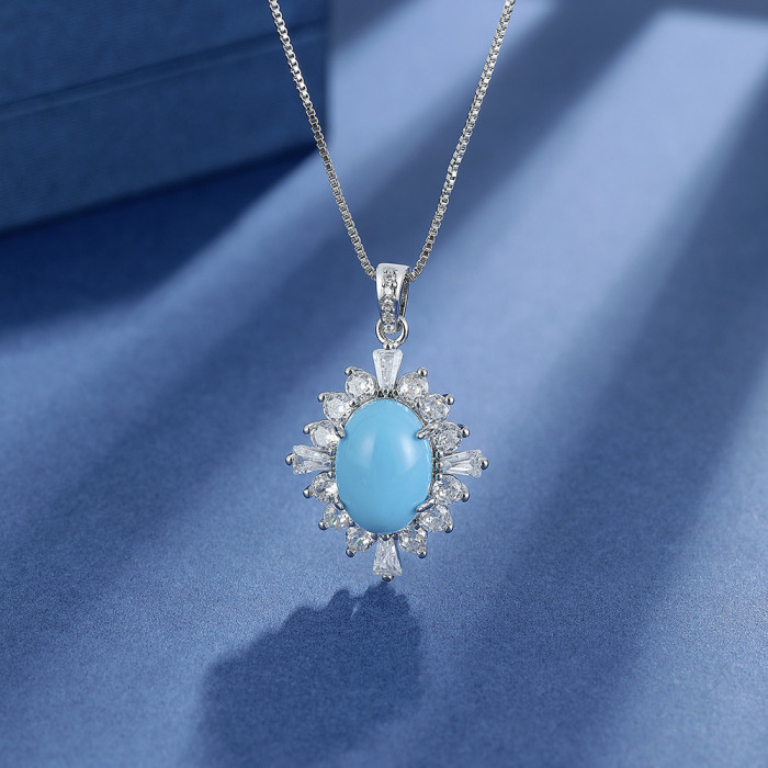 Oval Stone Geometric Stud Earrings Women Austrian Vintage Turquoise Sunflower Necklace Petal Zircon Earrings Ring Set