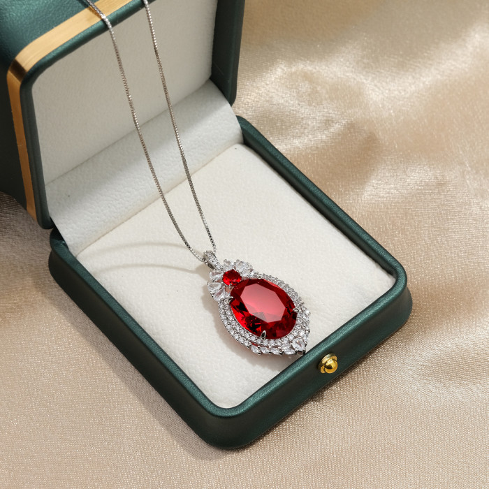 Retro Oval Ruby Quartz Pendant Necklace for Women Gemstone Lab Diamond Cocktail Party Fine Jewelry Gift