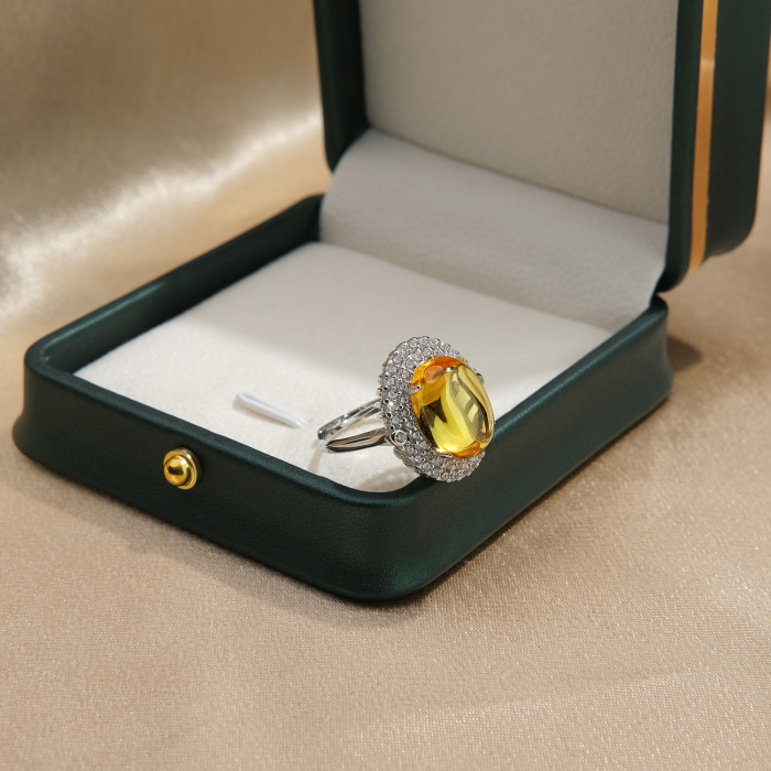 Classical Big Yellow Crystal Citrine Simulated Diamond Rings For Women White Gold Color Jewelry