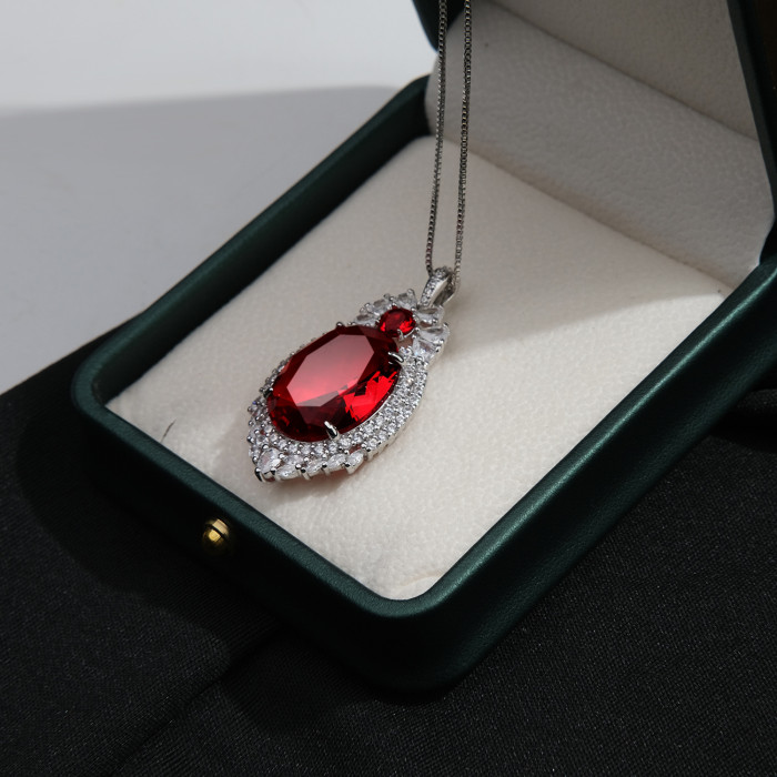 Retro Oval Ruby Quartz Pendant Necklace for Women Gemstone Lab Diamond Cocktail Party Fine Jewelry Gift