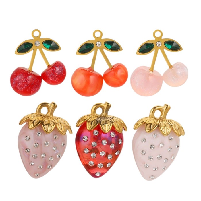stainless steel Cartoon Strawberry Cherry Charms 3D Jewelry Cute Charm Dangle For DIY Earring Necklace Jewelry Findings