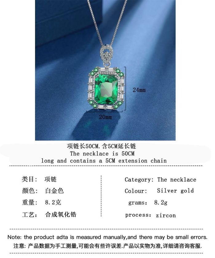 Square Simulated Nano Emerald Pendant Necklace for Women Green Gemstone Choker Gift