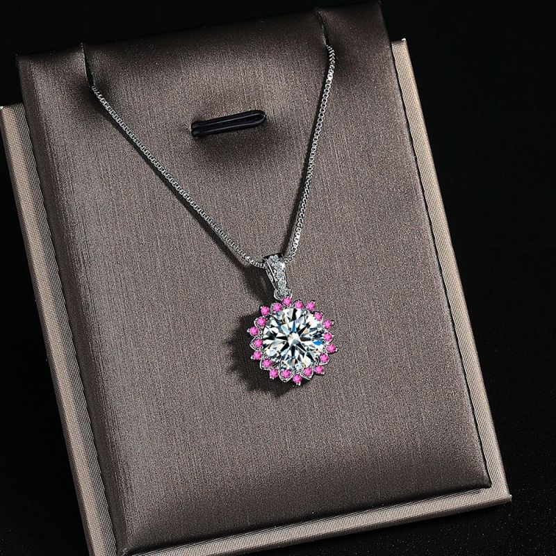 Round Created Pink Sapphire Halo Pendant Necklace for Women Gemstone Jewelry Wedding Gift
