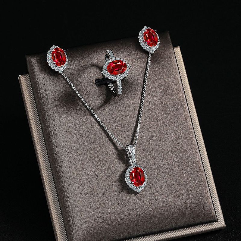 Oval Cut Natural Red Garnet Jewelry Set Necklace Earring Ring for Women Ruby Gemstone Jewelry