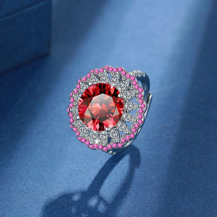 Round Natural Red Garnet Halo Rings for Women Fashion Engagement Ruby Gemstone Birthstone Jewelry
