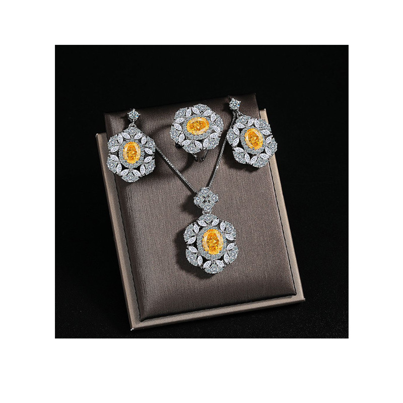 High Quality Gem Necklace Earring Ring Chain Fashion Yellow Zircon Jewelry for Women Wedding Birthday Gifts