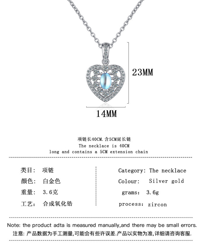 Oval Moonstone Necklace Romantic Heart Shiny CZ Pendant Necklace for Women Wedding Party Jewelry