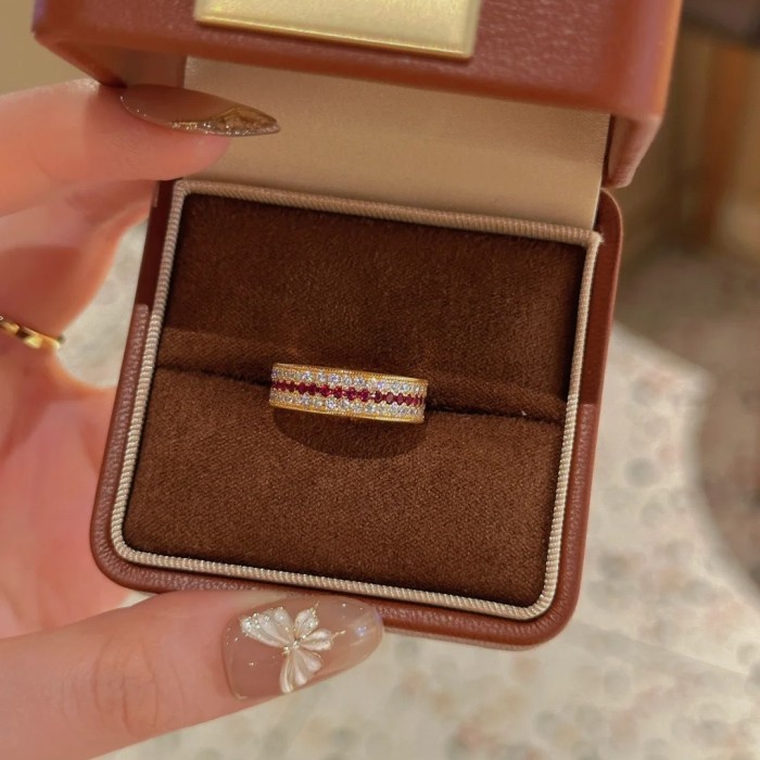 Three Row Diamond Ruby Women Ring Yellow Gold CoIor Inlay High Carbon Diamond Wedding Band Couple Luxury Jewelry Gift
