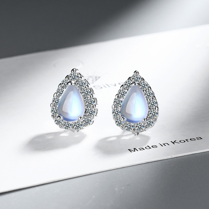 Blue Opal Stone Water Drop Stud Earring for Women Gemstone Statement Jewelry