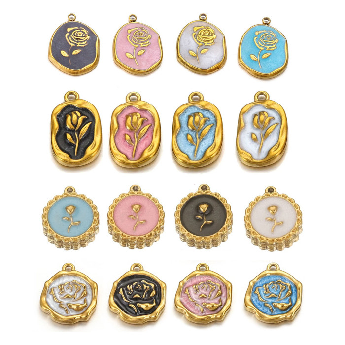 Stainless Steel Enamel Waterproof Rose Flower Charms for Bracelet DIY Earrings Jewelry Making Pendant Supplies