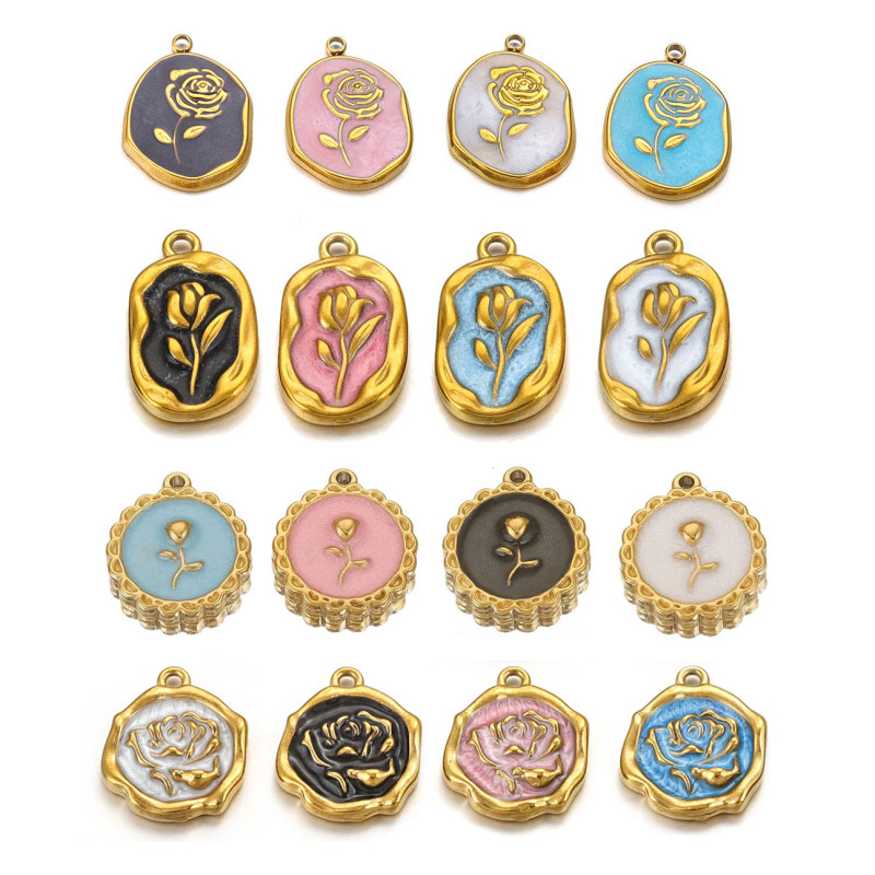 Stainless Steel Enamel Waterproof Rose Flower Charms for Bracelet DIY Earrings Jewelry Making Pendant Supplies