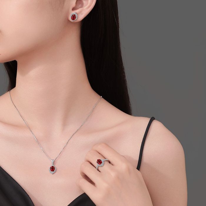 Oval Cut Natural Red Garnet Jewelry Set Necklace Earring Ring for Women Ruby Gemstone Jewelry