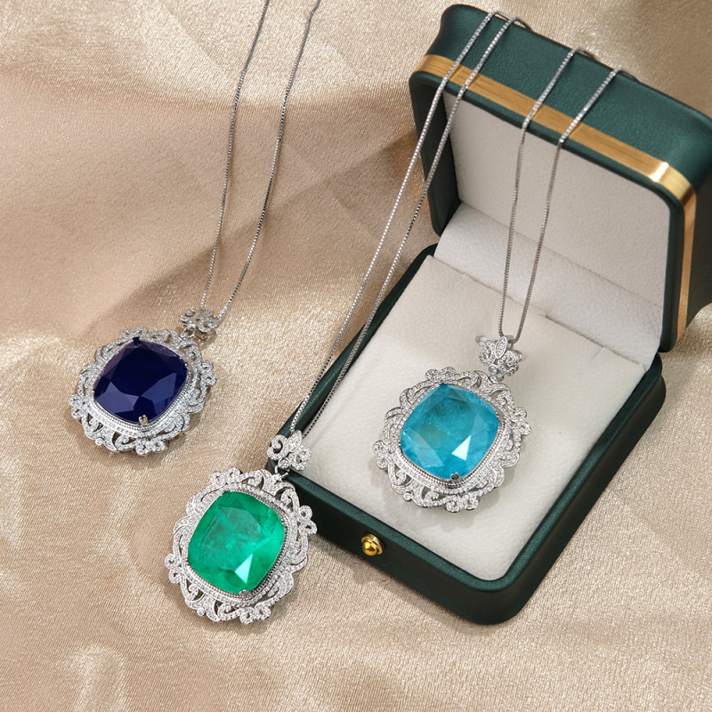 New Gold-Plated Jewelry European and American Style Gemstone Square Pendant Necklace