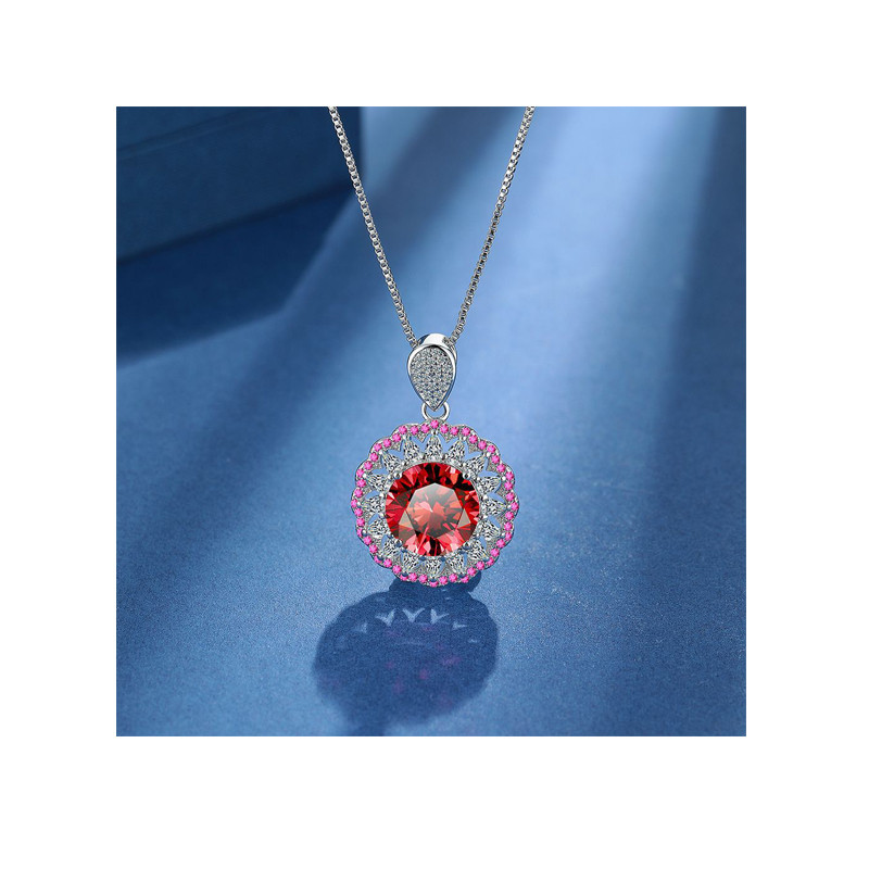 Round Cut Red Ruby Natural Garnet Halo Pendant for Women Fashion Gemstone Necklace Jewelry