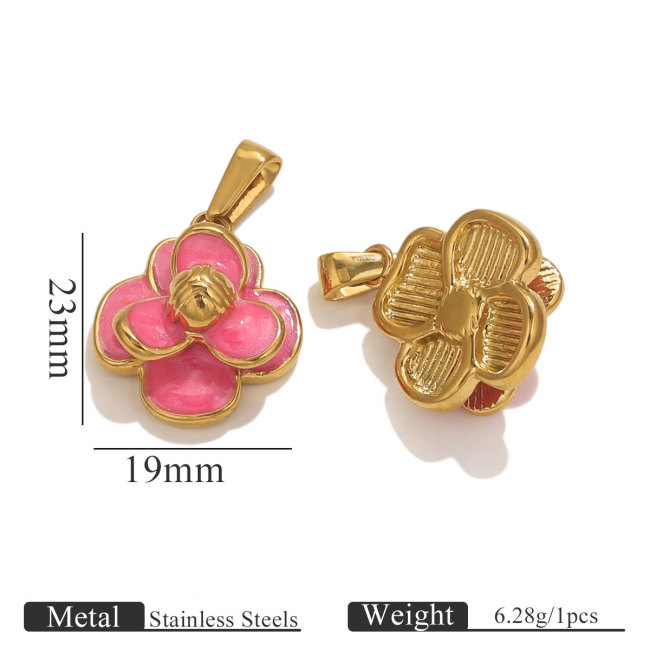 Stainless Steel Pink Flower Necklace Earring Pendant Fashion Charm DIY Jewelry Accessories Manufacturer Direct Sales