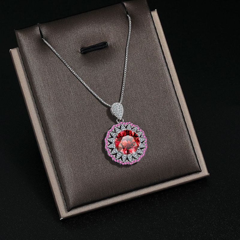 Round Cut Red Ruby Natural Garnet Halo Pendant for Women Fashion Gemstone Necklace Jewelry