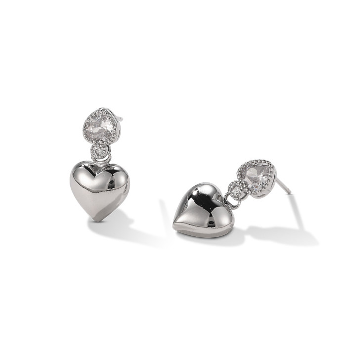 Fashion Cubic Zirconia Love Heart Stud Earrings Copper 18K Gold Plated Handmade Daily Jewelry for Women