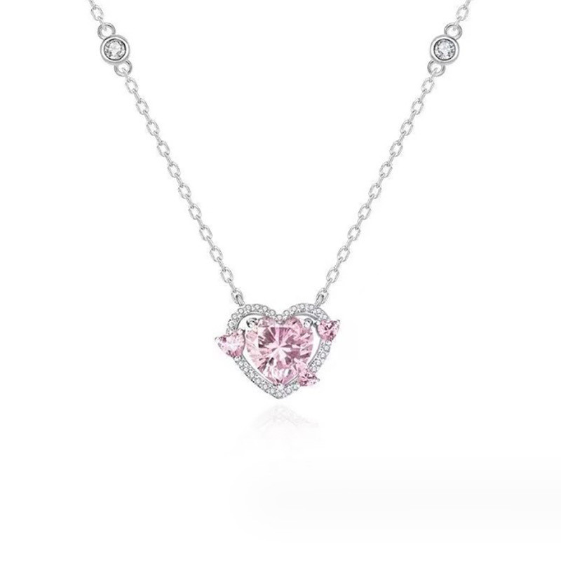 Shining Pink Rhinestone Heart Necklcace Delicate Elegant Women Party Fashion Jewelry Gift