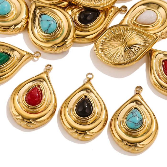 High Quality Gold Color Stainless Steel Natural Stone Oval Teardrop Charms Pendants for Jewelry Making Diy Finding