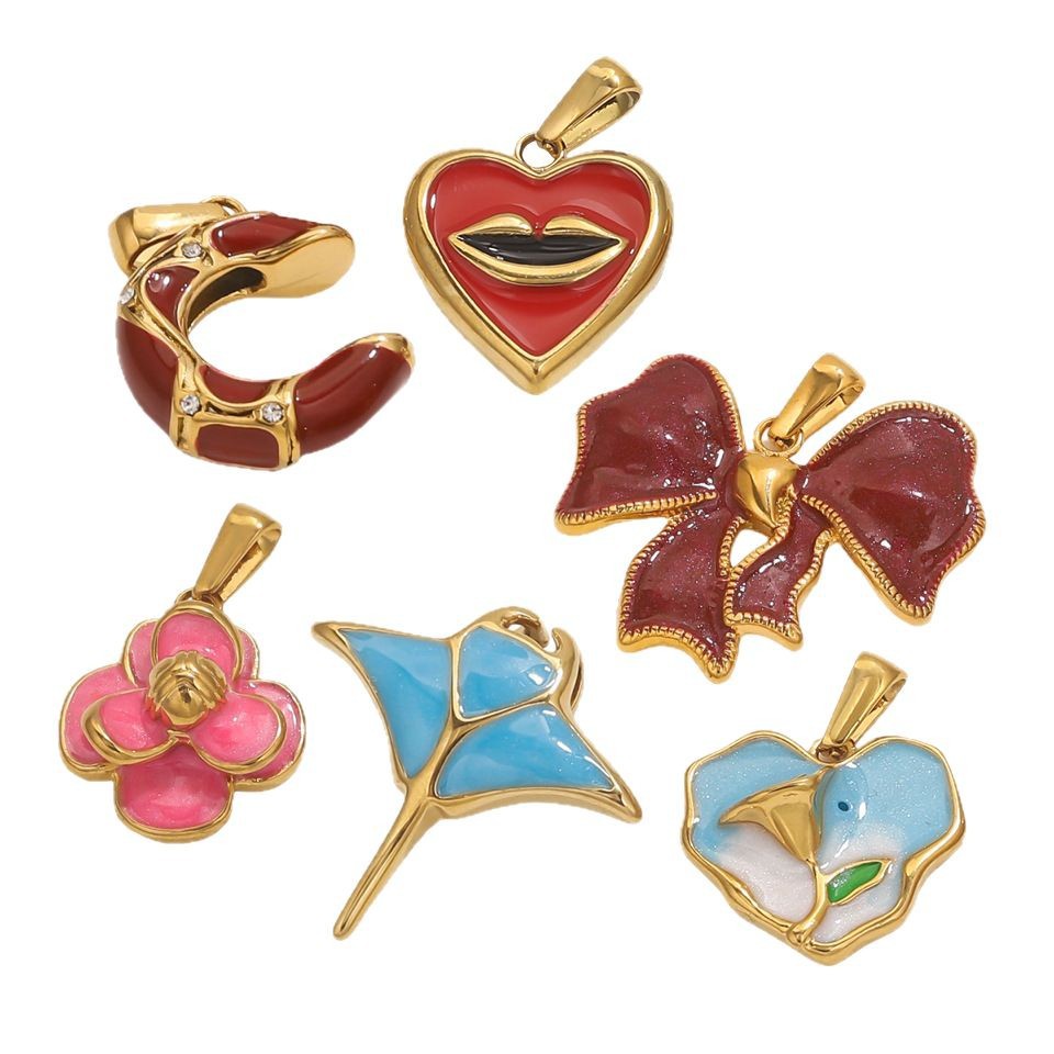 Stainless Steel Pink Flower Necklace Earring Pendant Fashion Charm DIY Jewelry Accessories Manufacturer Direct Sales