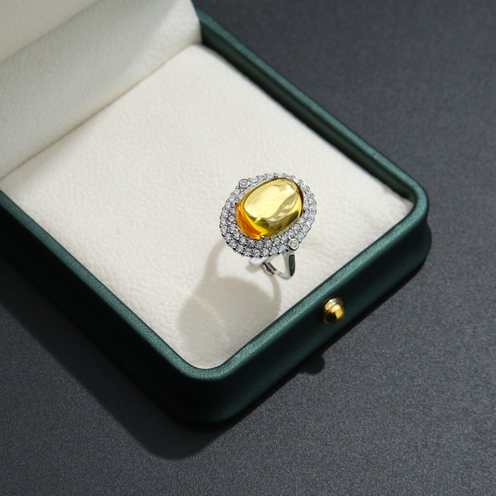 Classical Big Yellow Crystal Citrine Simulated Diamond Rings For Women White Gold Color Jewelry