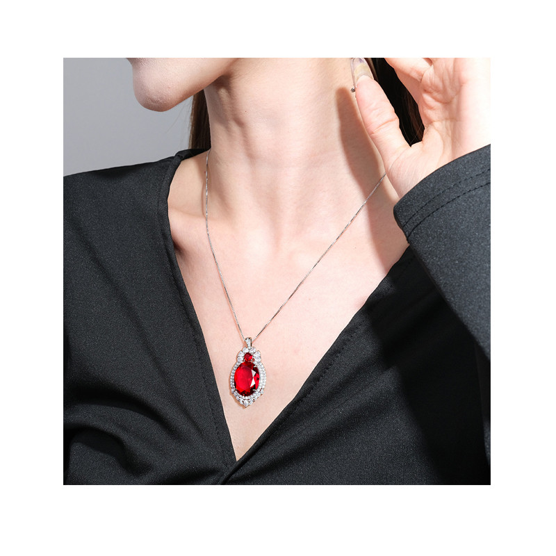 Retro Oval Ruby Quartz Pendant Necklace for Women Gemstone Lab Diamond Cocktail Party Fine Jewelry Gift