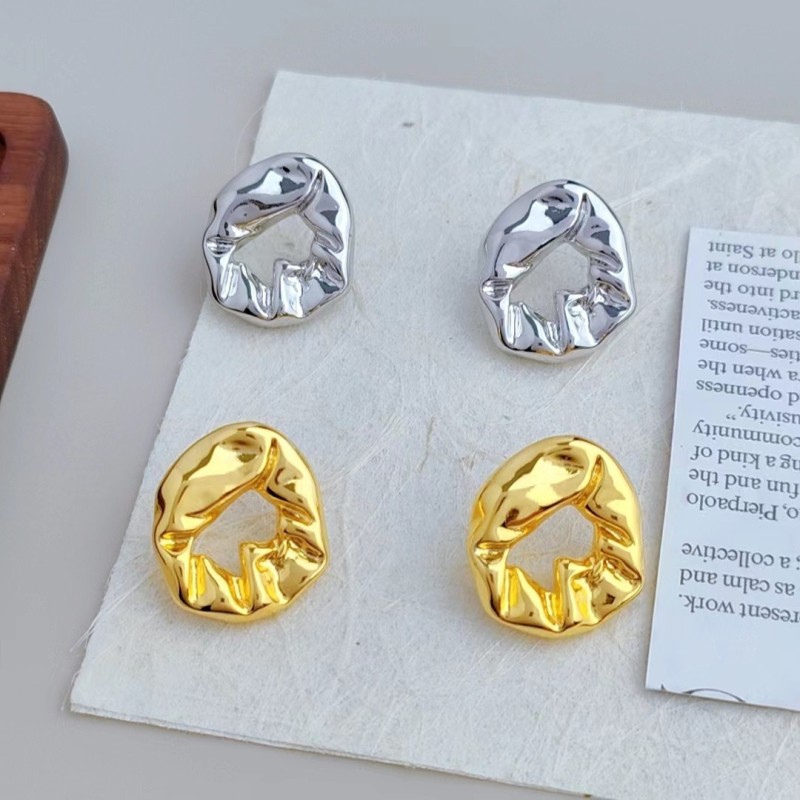 Real Irregular Wrinkled Ellipse Stud Earrings for Women Light Luxury Fine Jewelry Minimalist Accessories