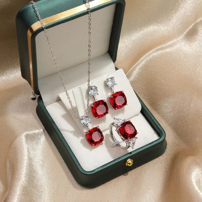 New Trend Lab Ruby Sapphire Drop Earrings Pendant Necklace Ring Vintage Party Fine Jewelry Set for Women Accessories