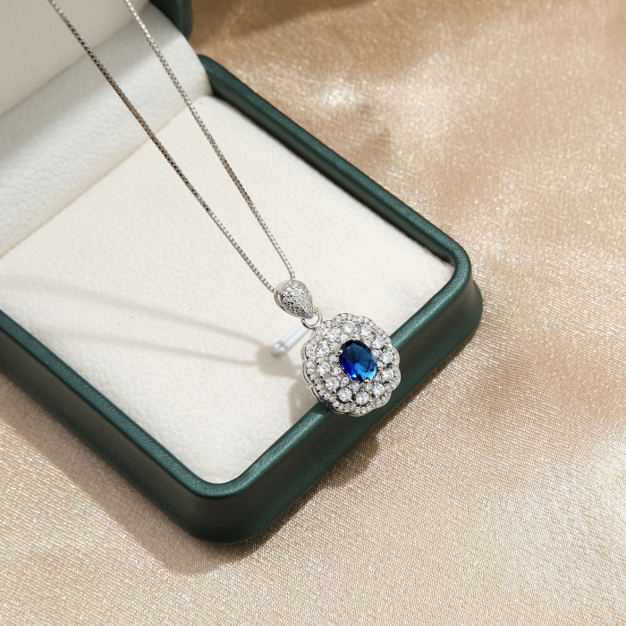 Simple Daily Wear Classic Blue Crystal Necklace Gemstone Woman Pendants Jewelry Lady Gift Party Anniversary