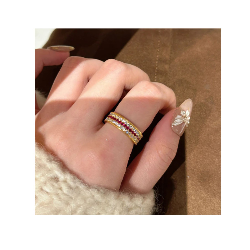 Three Row Diamond Ruby Women Ring Yellow Gold CoIor Inlay High Carbon Diamond Wedding Band Couple Luxury Jewelry Gift
