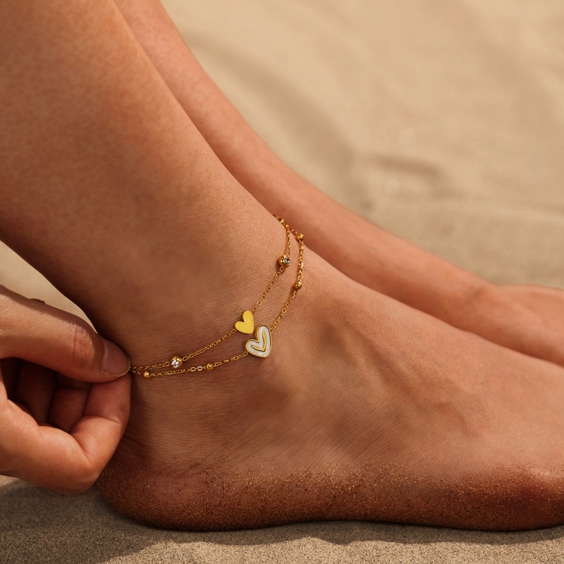 Japanese and Korean New Smile Love Anklet for Women Niche Design Stainless Steel Double Layered Heart-shaped Feet Decoration