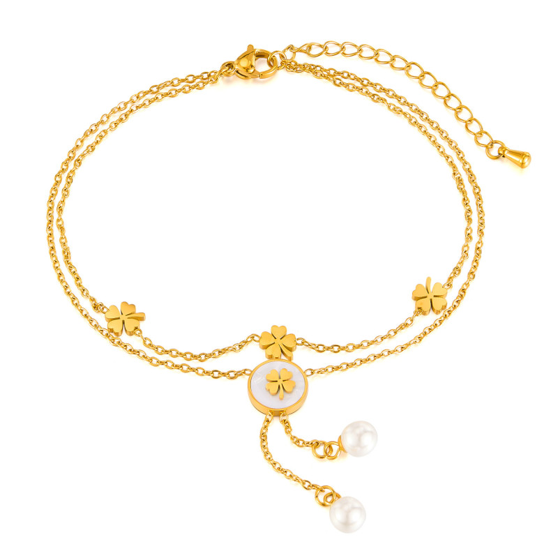 Fashionable and Versatile Stainless Steel Double-layer Layered Jewelry Mother Shell Flower Tassel Pearl Pendant Bracelet