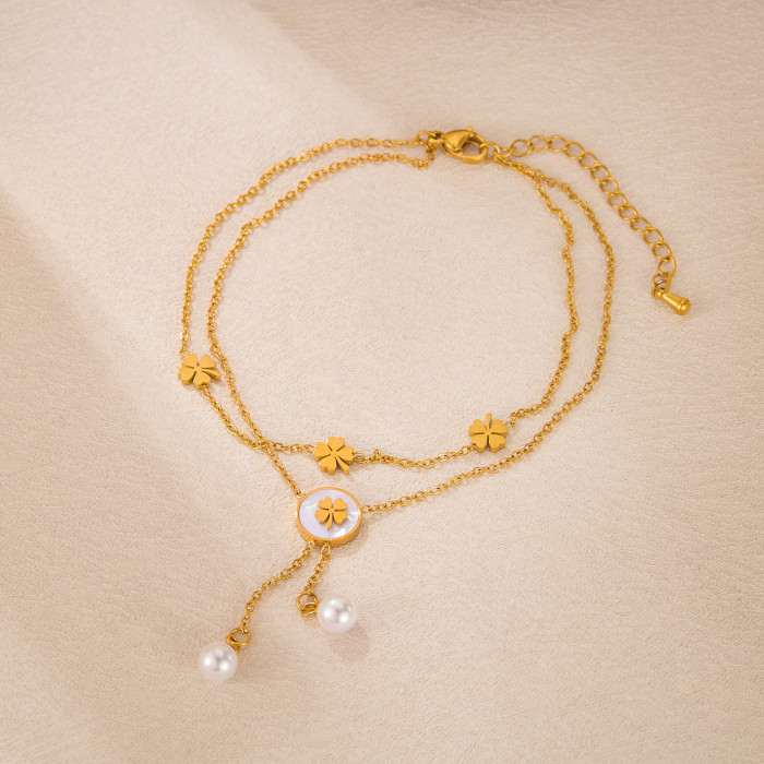 Fashionable and Versatile Stainless Steel Double-layer Layered Jewelry Mother Shell Flower Tassel Pearl Pendant Bracelet