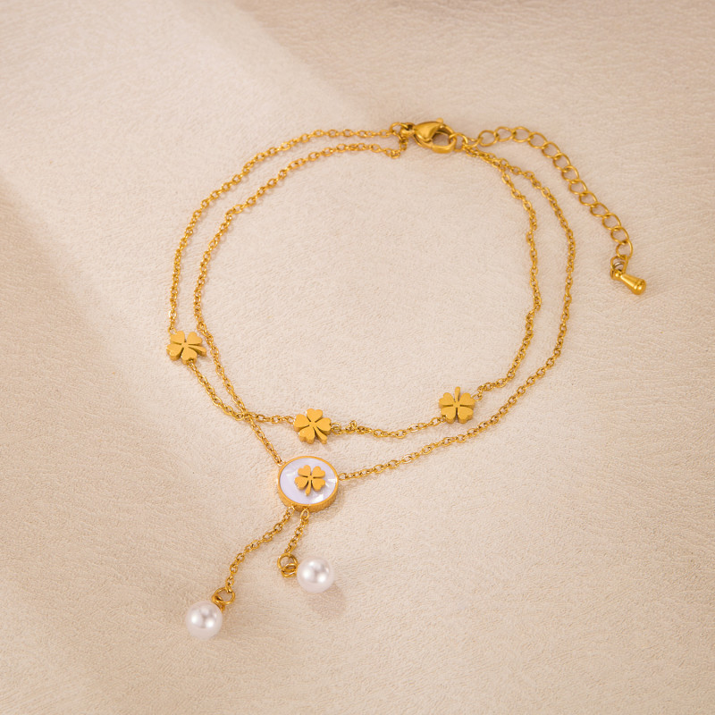 Fashionable and Versatile Stainless Steel Double-layer Layered Jewelry Mother Shell Flower Tassel Pearl Pendant Bracelet