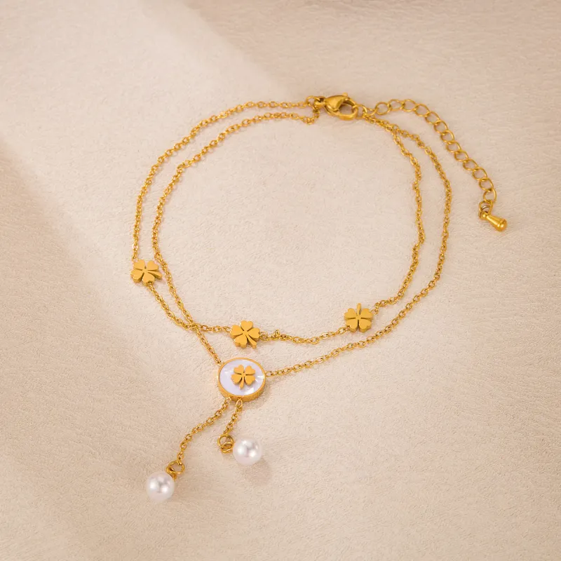 Fashionable and Versatile Stainless Steel Double-layer Layered Jewelry Mother Shell Flower Tassel Pearl Pendant Bracelet