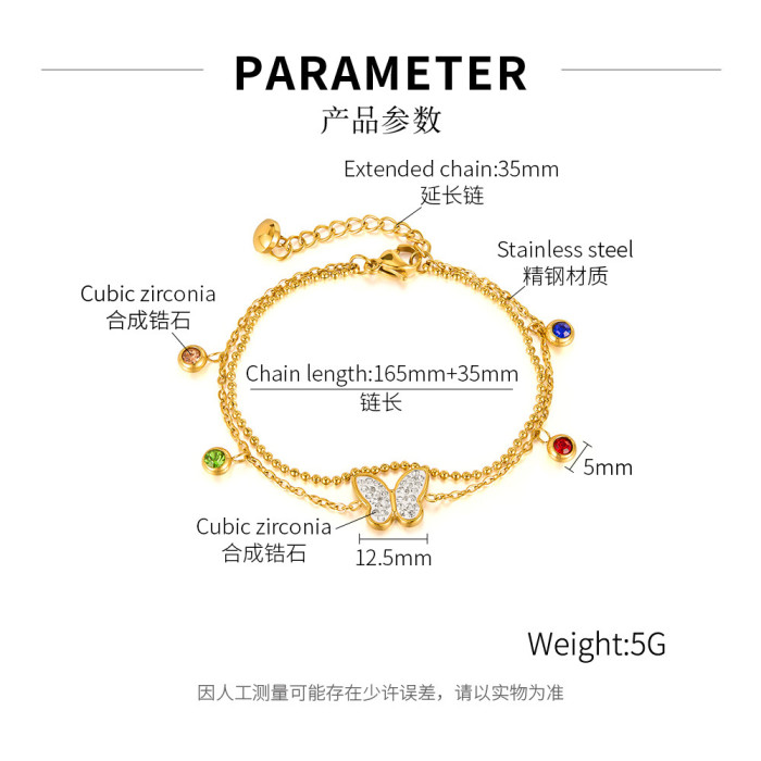 Stainless Steel Colored Zircon Versatile and High-end Butterfly Double-layered Titanium Steel Bracelet