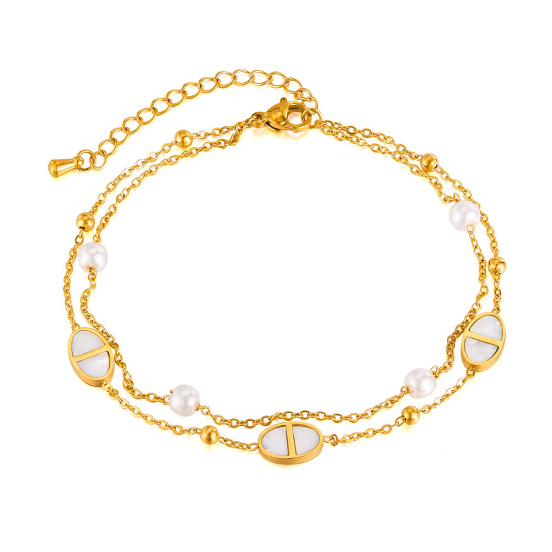 Korean New Pig Nose Titanium Steel Anklet Womenjewelry Niche High-end Sense Double Layered Pearl Stainless Steel Foot Decoration