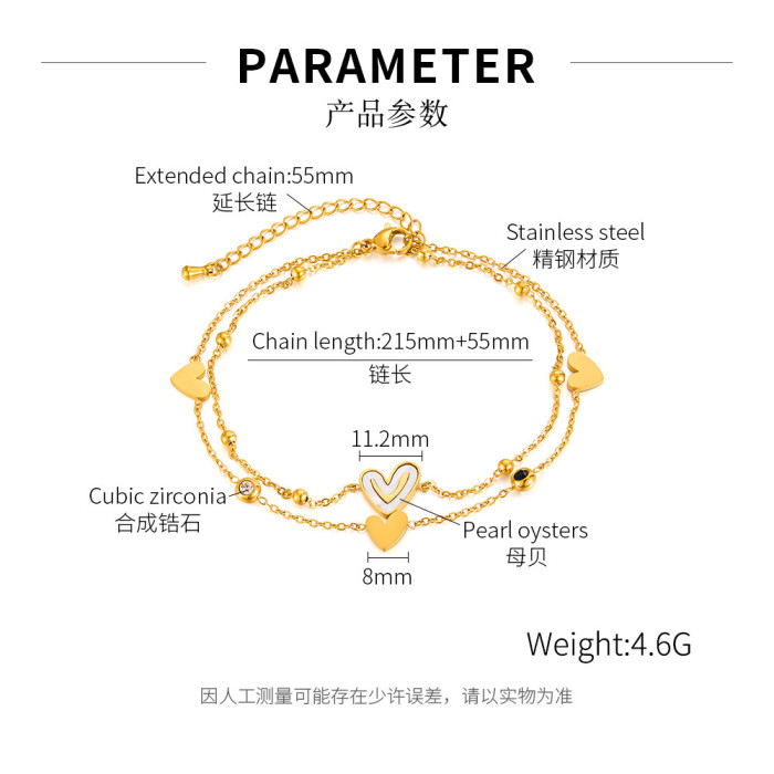 Japanese and Korean New Smile Love Anklet for Women Niche Design Stainless Steel Double Layered Heart-shaped Feet Dec...