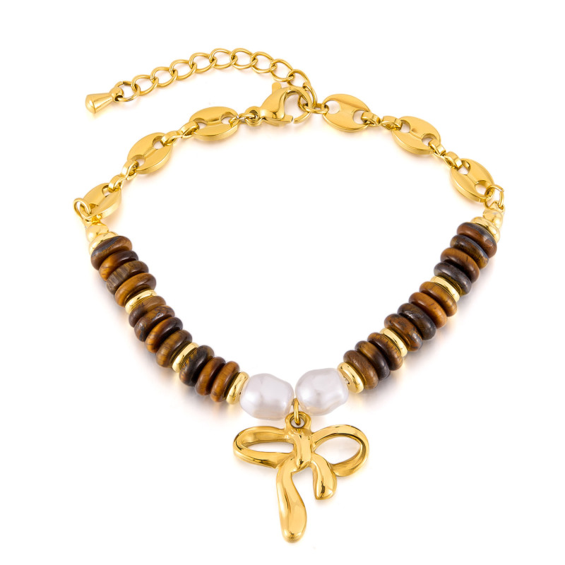 European and American Pearl Bracelet for Women's Light Luxury Retro Maillard Color Tiger Eye Stone Bow Accessories
