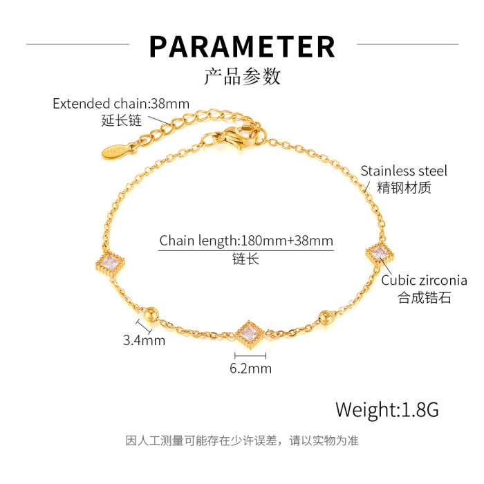 French Retro Titanium Steel Bracelet for Women Light Luxury Niche Versatile Design Sense Stainless Steel Square Zircon