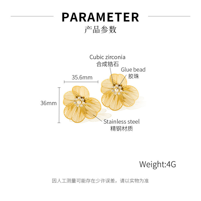 Flower Gold Color Vintage Inlaid Zircon Imitation Pearl Metal Earrings Women's Luxury Fashion Party Jewelry Gift
