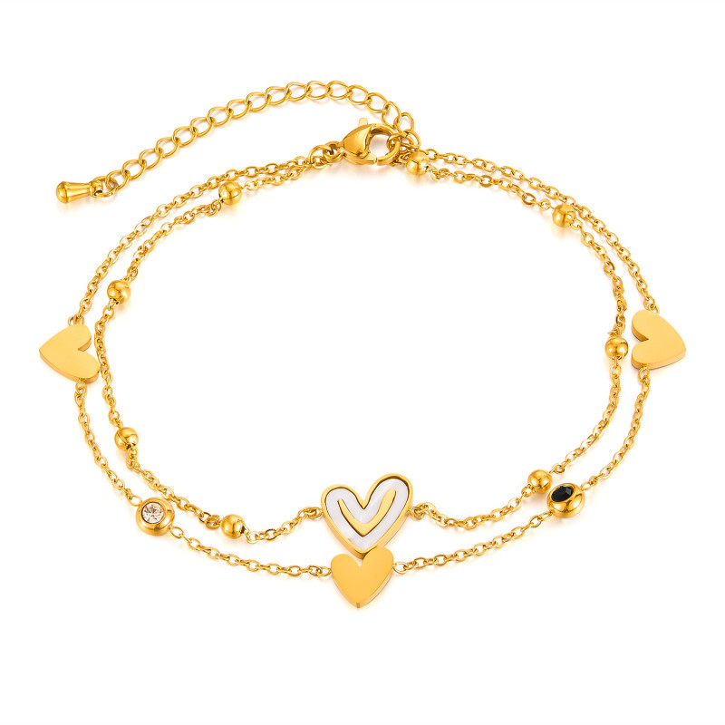 Japanese and Korean New Smile Love Anklet for Women Niche Design Stainless Steel Double Layered Heart-shaped Feet Decoration