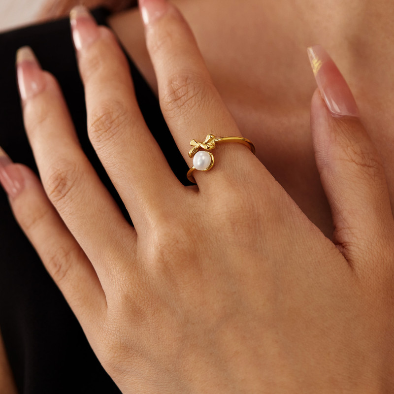 Japanese and Korean Bow Pearl Ring Women's Fashion Ins Temperament Niche High-end Feel Open-mouth Ring