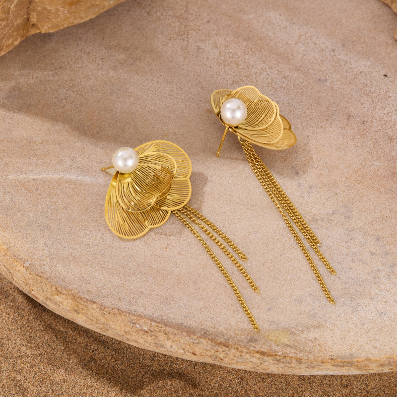 French Retro Tassel Earrings Titanium Steel Butterfly Pearl Drop Long Chain Women 2025 Elegant Minimalist Jewelry