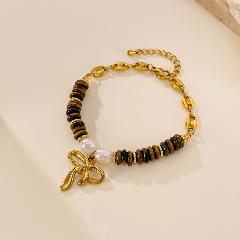 European and American Pearl Bracelet for Women's Light Luxury Retro Maillard Color Tiger Eye Stone Bow Accessories