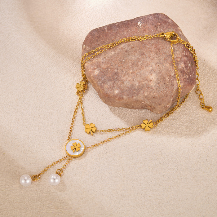 Fashionable and Versatile Stainless Steel Double-layer Layered Jewelry Mother Shell Flower Tassel Pearl Pendant Bracelet