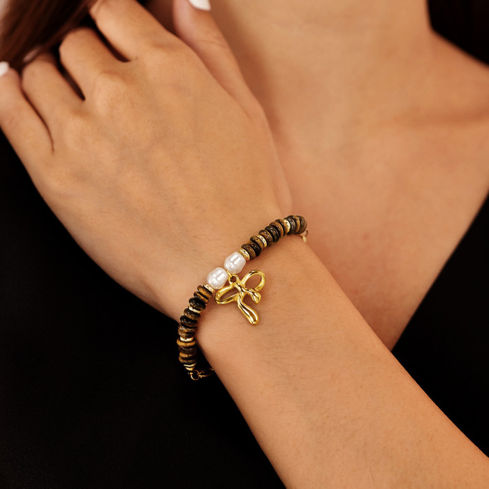 Pearl Bracelet for Women's Light Luxury Retro Maillard Color Tiger Eye Stone Bow Accessories