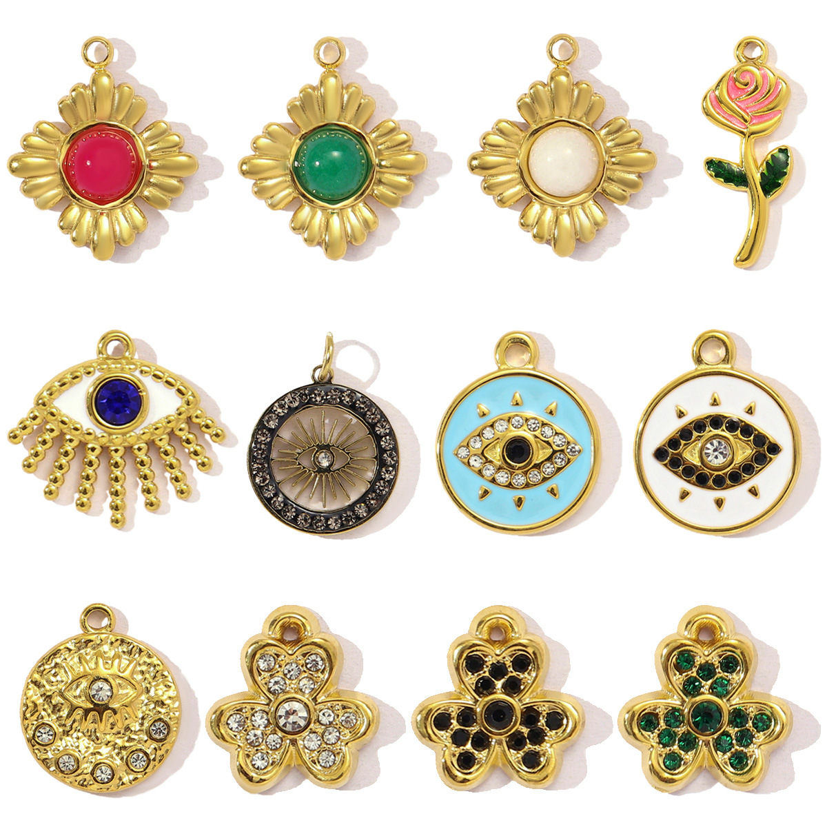 French Natural Stone Flower Stainless Steel Necklace Pendant Women Crystal Evil Eye Clover DIY Charms Rose Jewelry