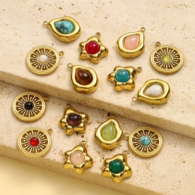 Stainless Steel Natural Stone Flower Waterdrop Pendants for DIY Making Bracelet Necklace Jewelry Accessory Wholesale